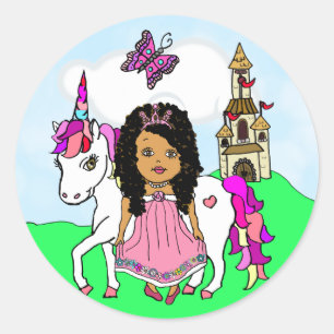 Sticker Rond Jolie princesse ethnique et château Unicorn