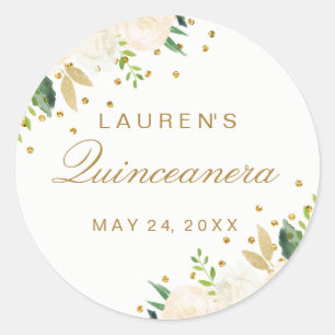 Sticker Rond Jolie Quinceanera rose florale pailletée or