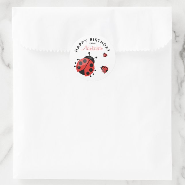 Sticker Rond Jolie Red Ladybug moderne Joyeux Anniversaire pers (Sac)