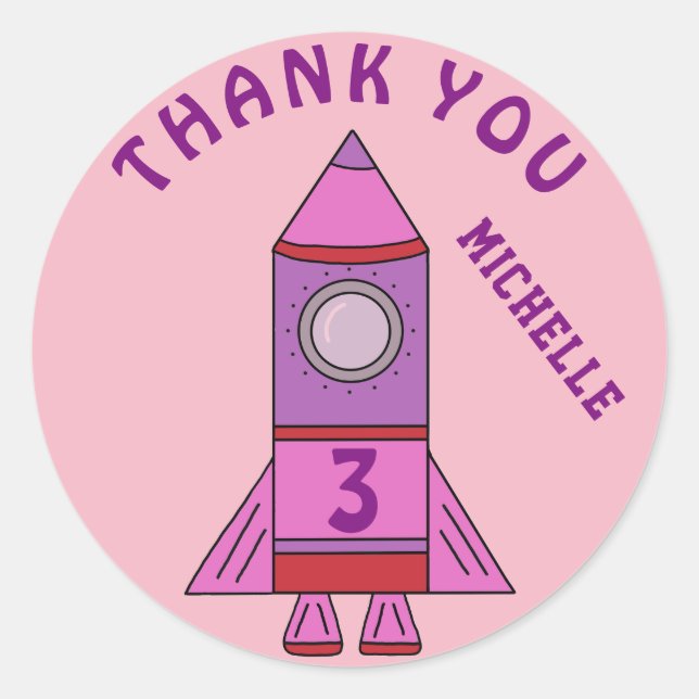 Sticker Rond Jolie Rocket rose Enfants fille Merci d'anniversai (Devant)