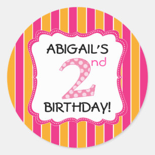 Sticker Rond Jolie Rose/Orange Filles Deuxième Anniversaire