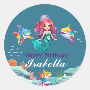 Sticker Rond Jolie sirène colorée requin arc-en-ciel Enfants d'