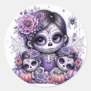 Sticker Rond Jolie sorcière à crâne de sucre Halloween