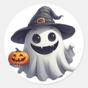 Sticker Rond Jolie Sorcière Fantôme Avec Citrouille Pour Hallow