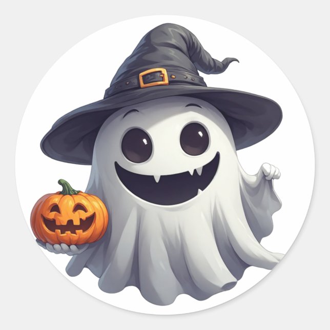 Sticker Rond Jolie Sorcière Fantôme Avec Citrouille Pour Hallow (Devant)