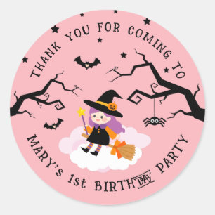 Sticker Rond Jolie Sorcière rose Halloween Anniversaire Merci