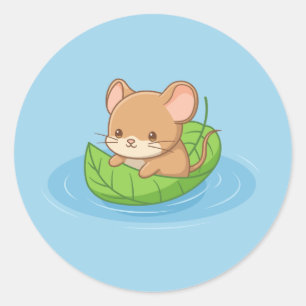 Sticker Rond Jolie Souris dans un Bateau en Feuille Bleu