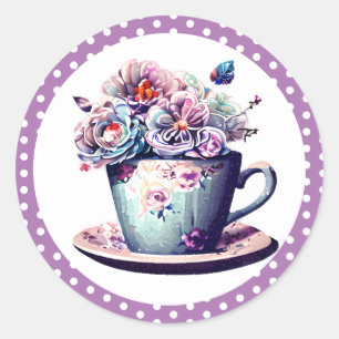 Sticker Rond Jolie Teacup antique avec Fleurs Vintages