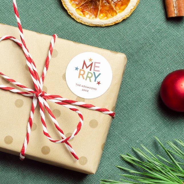 Sticker Rond Jolie typographie colorée Merry Nom de famille (Créateur téléchargé)