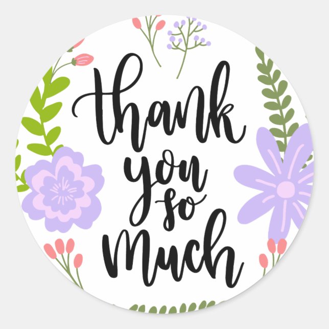 Sticker Rond Jolie typographie florale manuscrite Beaucoup Merc (Devant)