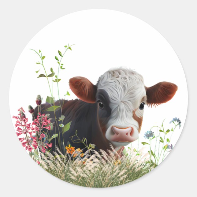 Sticker Rond Jolie vache Brown assise dans le jardin (Devant)