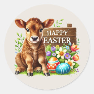 Sticker Rond Jolie vache de Pâques