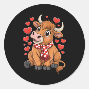 Sticker Rond Jolie vache des Highlands Saint-Valentin Cœurs drô