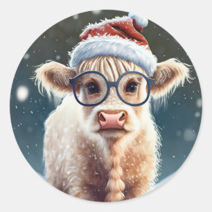 Sticker Rond Jolie vache Highland dans la neige