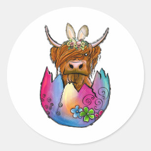 Sticker Rond Jolie vache Highland Vache lapin de Pâques Filles
