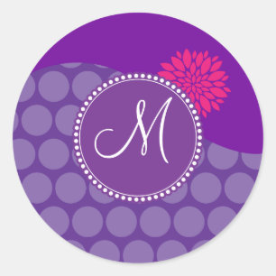 Sticker Rond Jolie vague de Pois violets avec fleurs roses