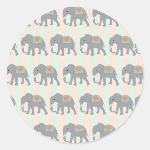 Sticker Rond Jolies éléphants Coral Peach Mint Green Stried