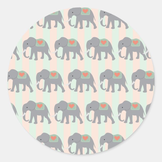 Sticker Rond Jolies éléphants Coral Peach Mint Green Stried (Devant)