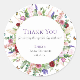 Sticker Rond Jolies fleurs et papillons Merci Baby shower