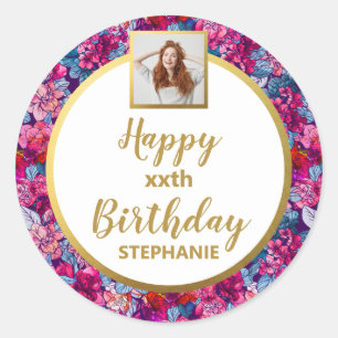 Sticker Rond Jolies Fleurs Roses, Photo Personnalisée, Joyeux A