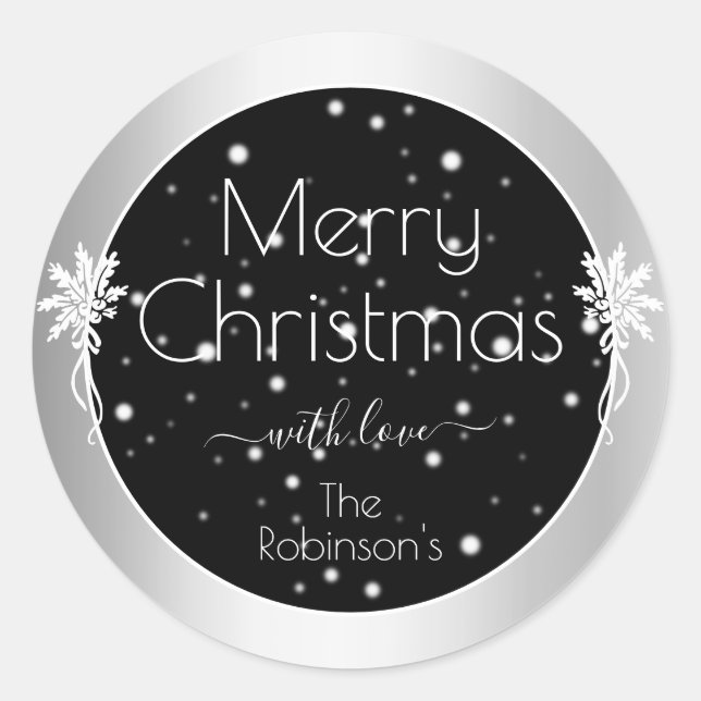 Sticker Rond Jolies flocons de neige sur cadre d'argent noir No (Devant)