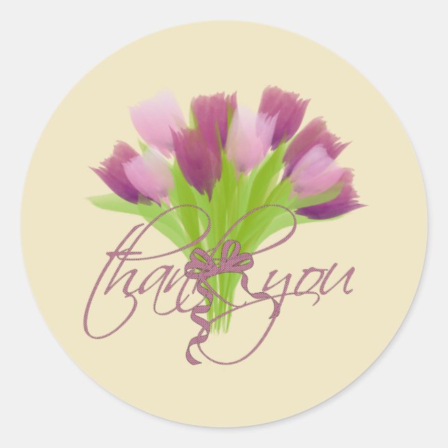 Sticker Rond Jolies tulipes roses et violettes Merci (Devant)
