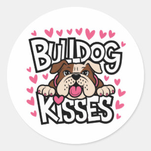 Sticker Rond Jolis bisous de chiot Bouledogue en rose