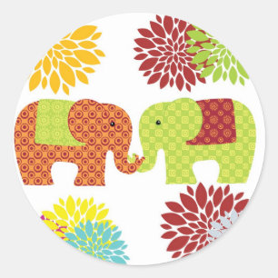 Sticker Rond Jolis éléphants dans l'amour tenant des fleurs d