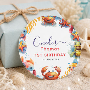 Sticker Rond Jolis enfants aquarelle Oneder la mer 1er annivers