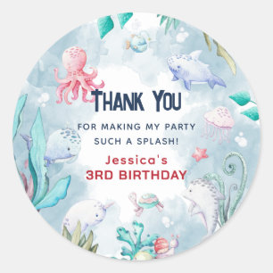 Sticker Rond Jolis Enfants Sous l'Océan Anniversaire Merci