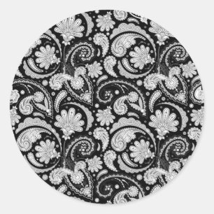 Sticker Rond Jolis motifs paisley noir blanc vintage