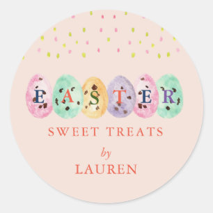 Sticker Rond Jolis œufs à l'aquarelle Bonbons de Pâques sur fon