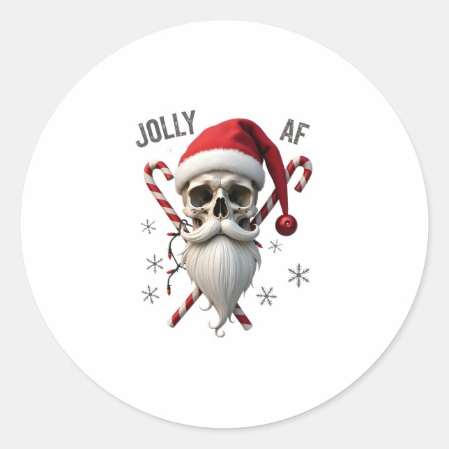 Sticker Rond Jolly Af Christmas Skull Santa Hat Happy Xmas Holi (Devant)