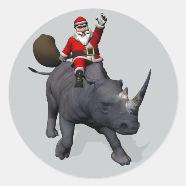 Sticker Rond Jolly Santa Claus À cheval Sur Un Rhino (Devant)