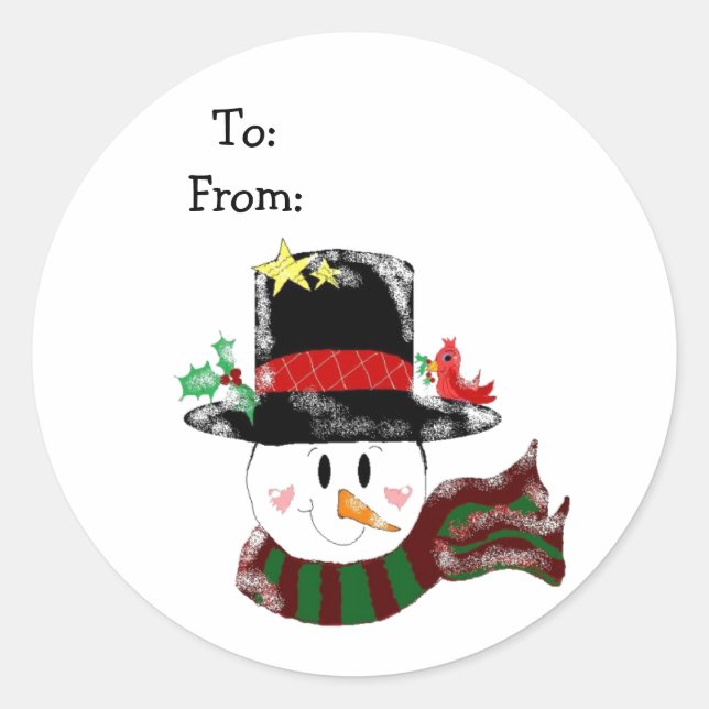 Sticker Rond Jolly Snowman dans un grand Casquette noir (Devant)