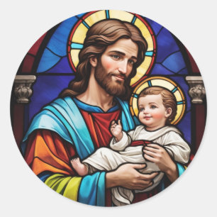 Sticker Rond Joseph et Bébé Jésus Verre de Chrétien
