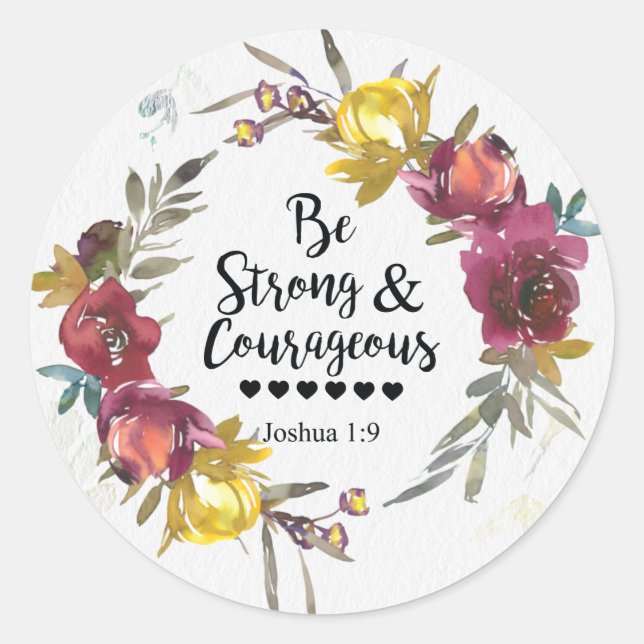 Sticker Rond Joshua 1:9 Be Strong and Courageous Floral Wreath (Devant)