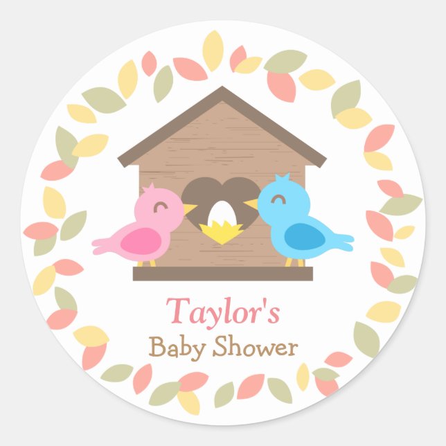Sticker Rond Jote Birdhouse Feuilles Wreath Bird Baby shower (Devant)