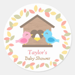 Sticker Rond Jote Birdhouse Feuilles Wreath Bird Baby shower