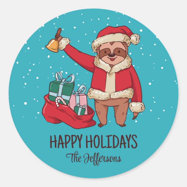 Sticker Rond Jote Sloth Père Noël Noël Snowy Vacances d'hiver (Devant)