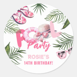 Sticker Rond Jouer Pink Pool Party Fille Anniversaire