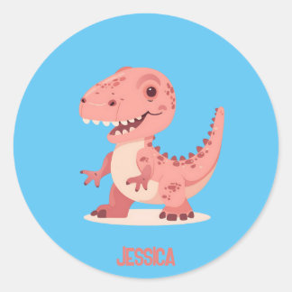 Sticker Rond Jouer Pink T-Rex Dino Avec Nom Enfant