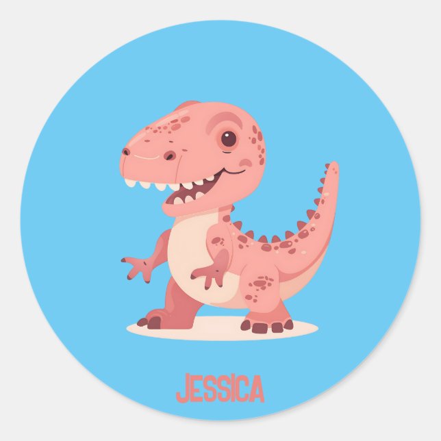 Sticker Rond Jouer Pink T-Rex Dino Avec Nom Enfant (Devant)