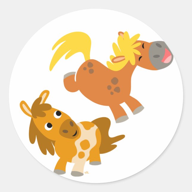 Sticker Rond Jouer Ponies caricaturales en jeu (Devant)