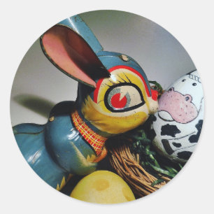 Sticker Rond Jouet lapin et oeuf de vache