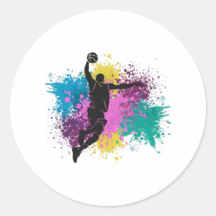 Sticker Rond Joueur de basket-ball Grungy Couleurs Splashes