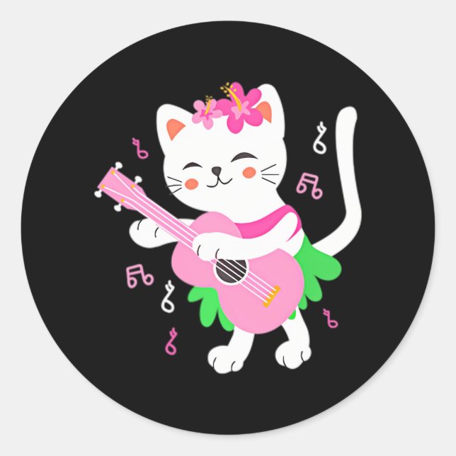 Sticker Rond Joueur de chat Ukulele Joueur de poche Hawaiian (Devant)