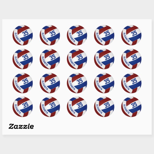 Sticker Rond joueur de volley-ball personnalisé nom maroon bleu (Feuille)