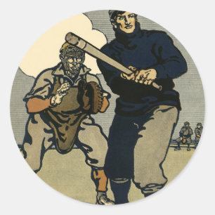 Sticker Rond Joueurs de baseball sportifs vintage, art stylisé