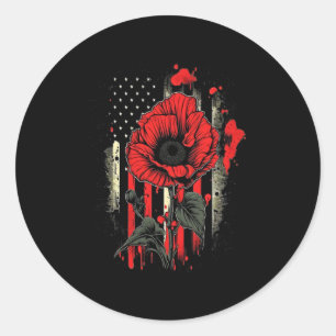 Sticker Rond Jour commémoratif Red Poppy Flower American Flag U